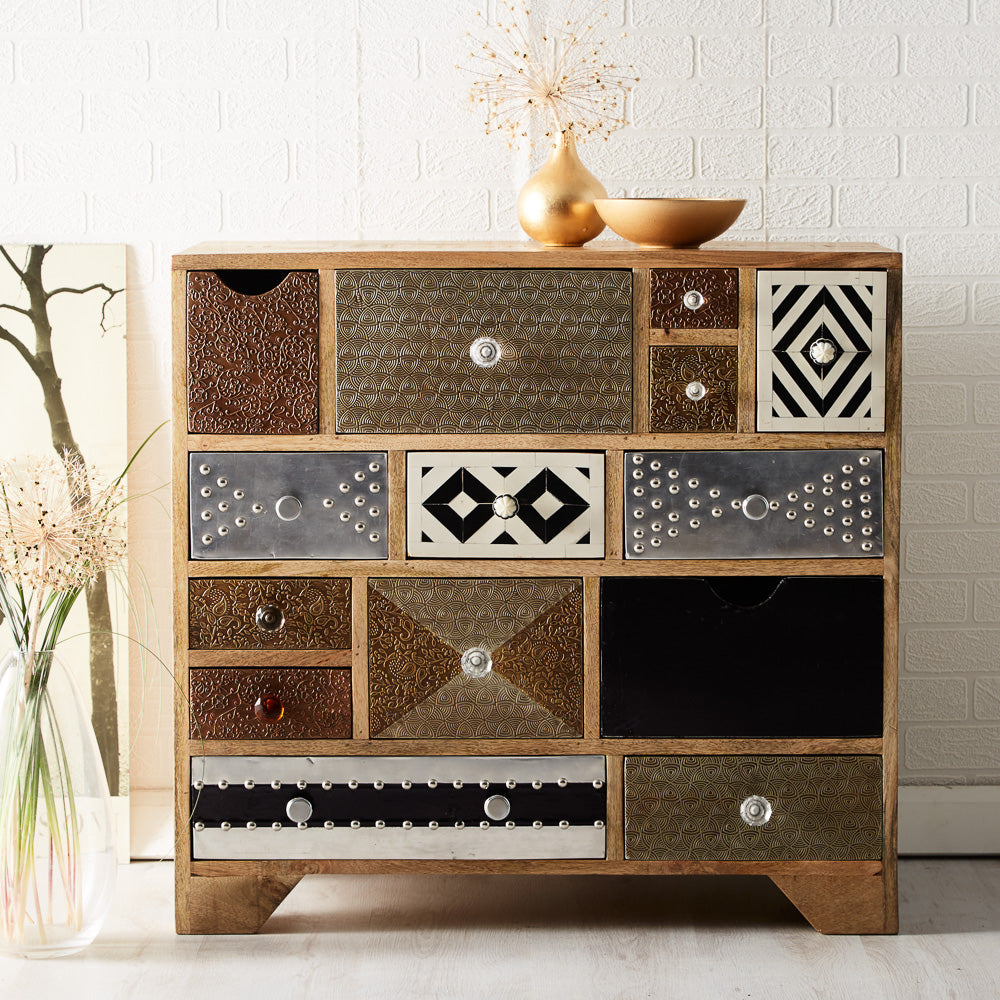 Sorio 14 Drawer Chest made from reclaimed wood, fully assembled