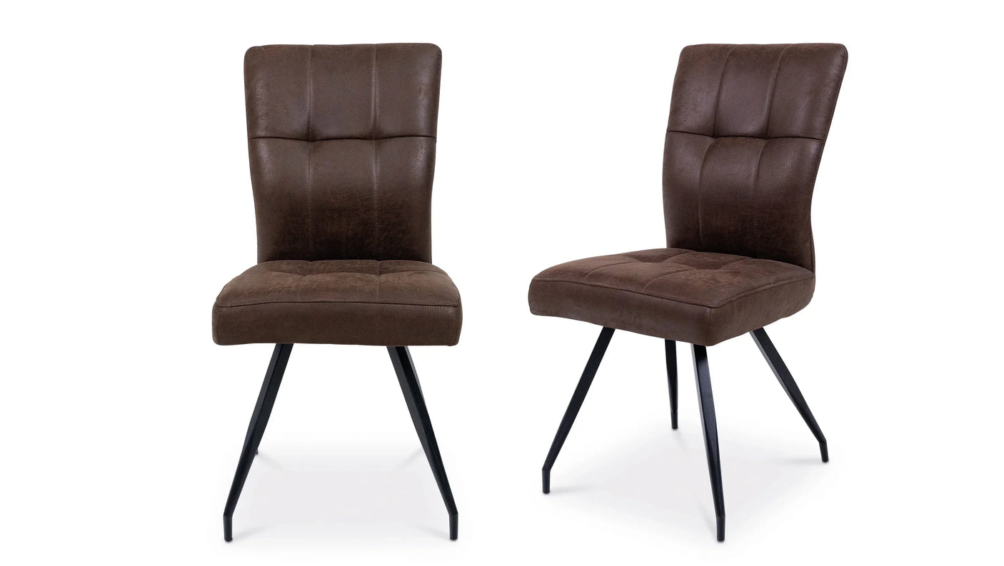 Pair of brown dining chairs with black metal legs and tufted fabric seats