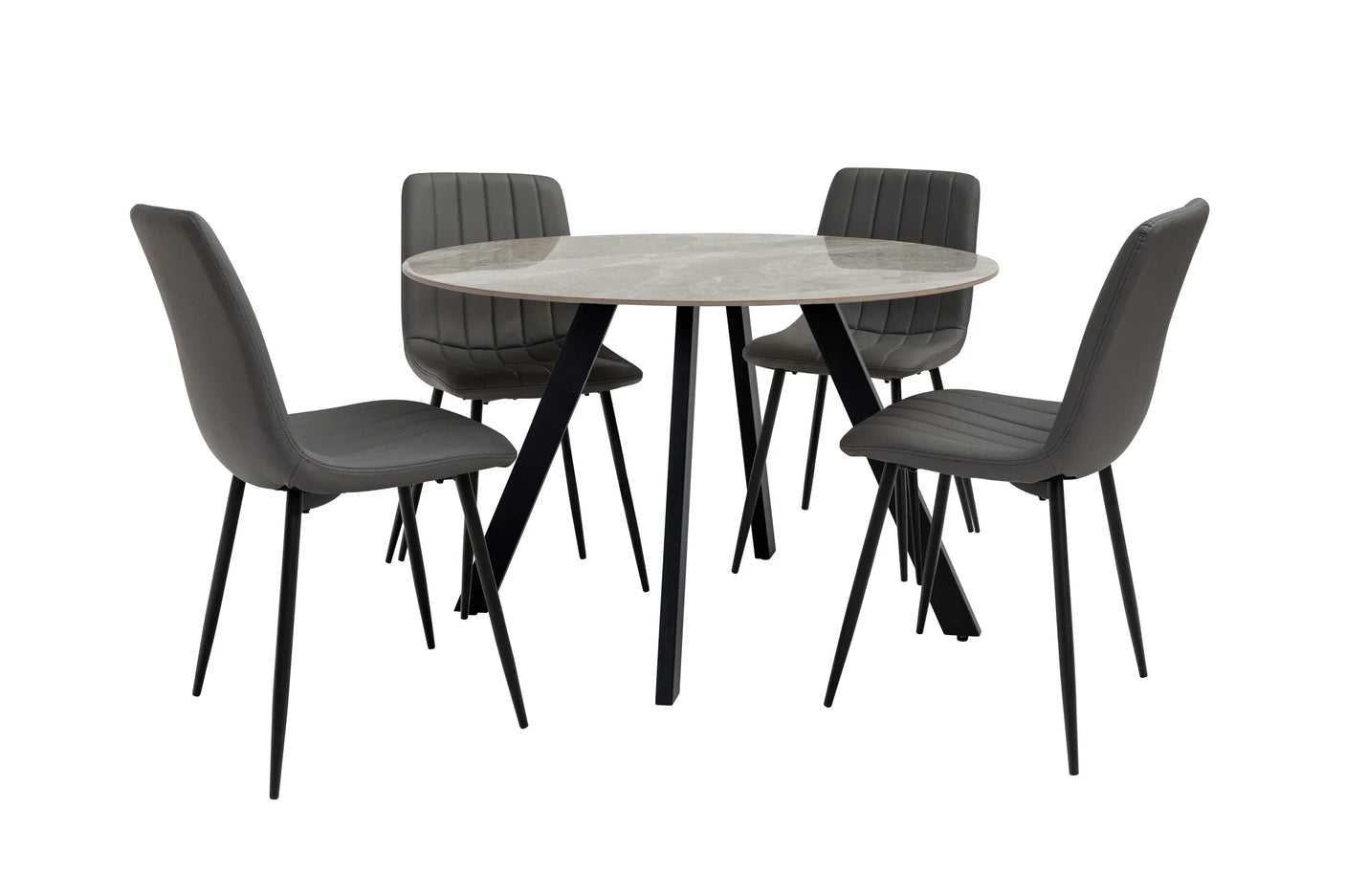 round dining table with marble effect top and four grey upholstered dining chairs