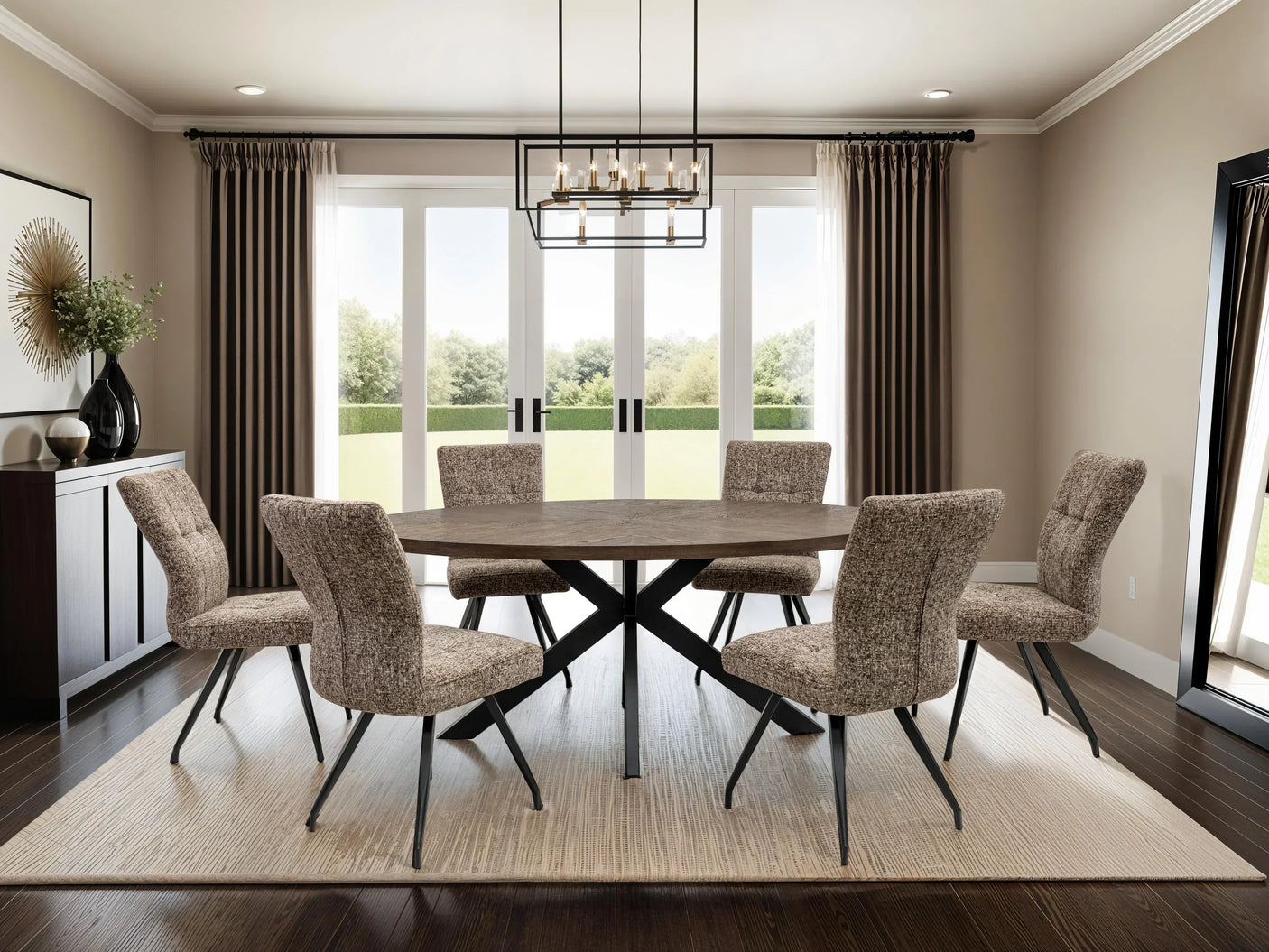 Modern dining table set with six upholstered chairs on beige rug in bright dining room