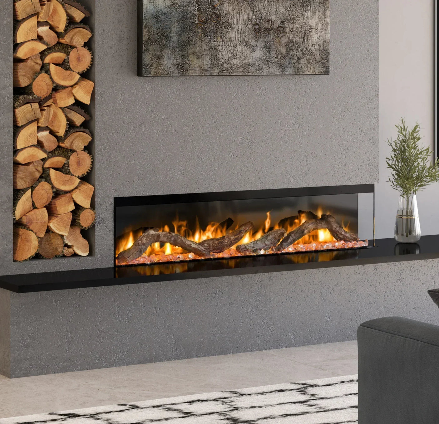 Modern electric fireplace in grey living room with log storage and black mantel