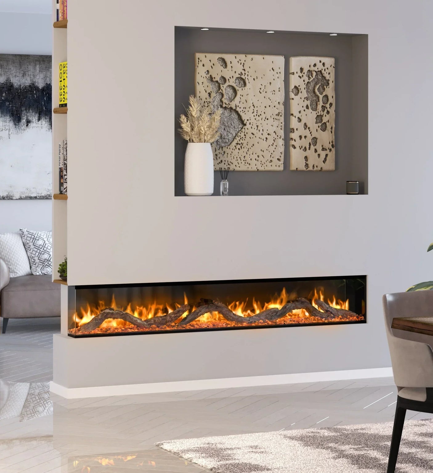 Modern living room with built-in electric fireplace and contemporary wall decor