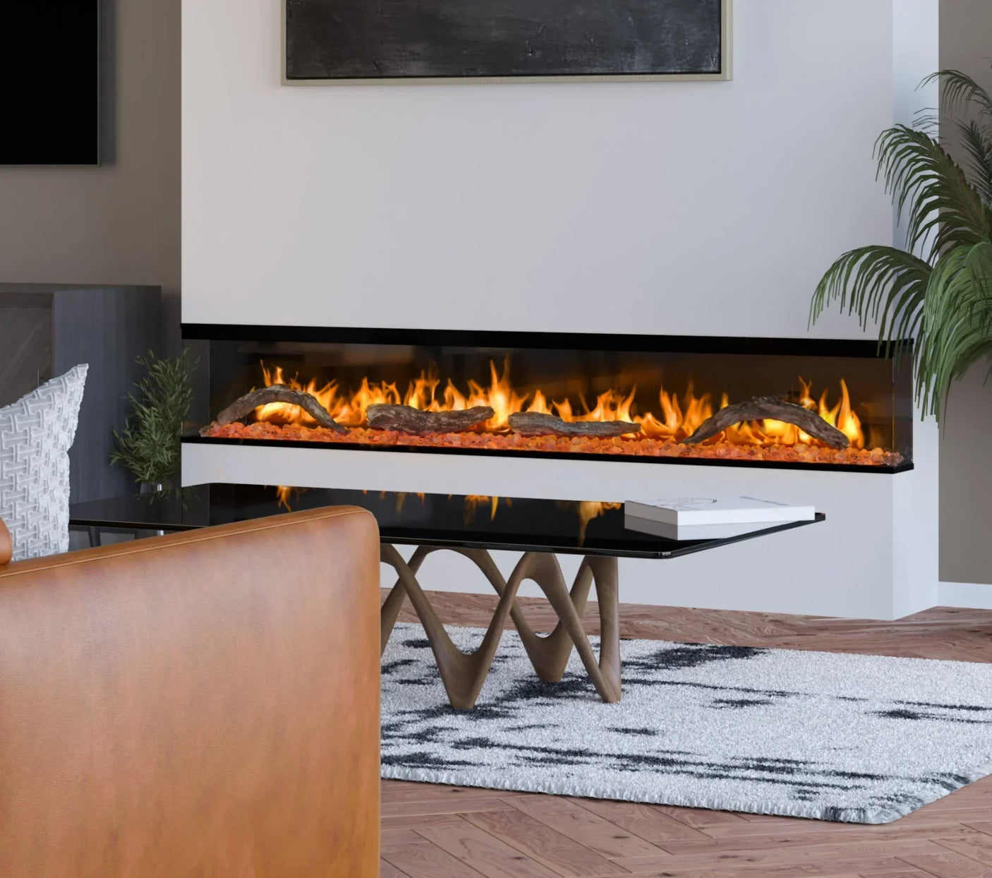 Modern electric fireplace with glass panel beside black coffee table and textured area rug