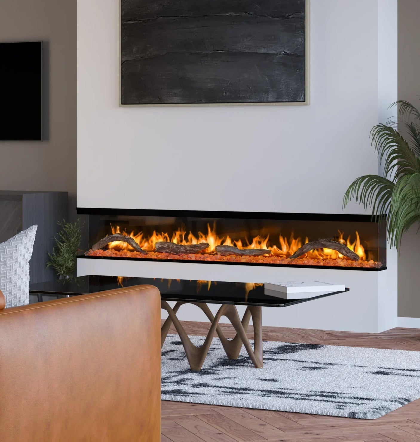 Modern electric fireplace with realistic flame, black glass coffee table, and patterned rug
