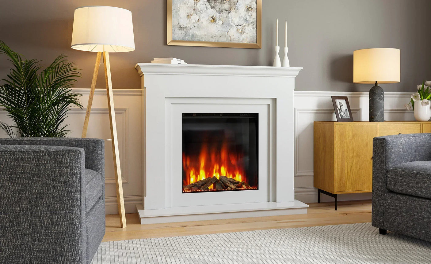 Modern electric fireplace suite with white surround in cosy living room setting