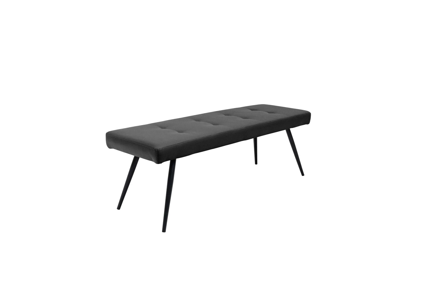 Black upholstered bench with button tufting and angled metal legs on white background