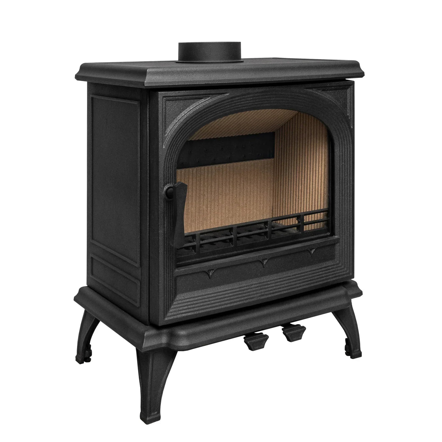 Black cast iron wood burning stove with front glass door and curved feet, side angle view