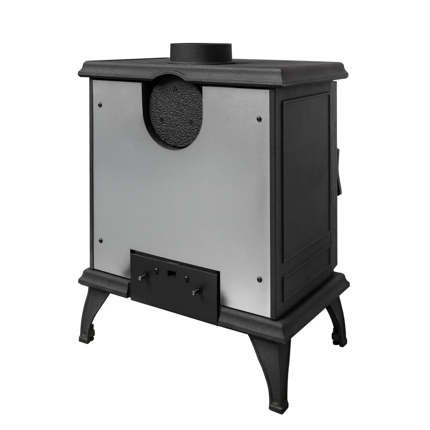 Freestanding cast iron wood burning stove with silver side panels and black legs