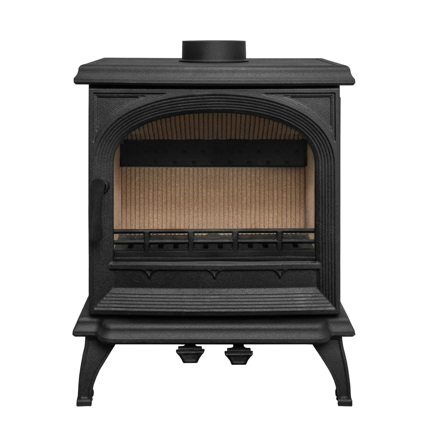 Black cast iron wood burning stove with arched front and lined fire chamber