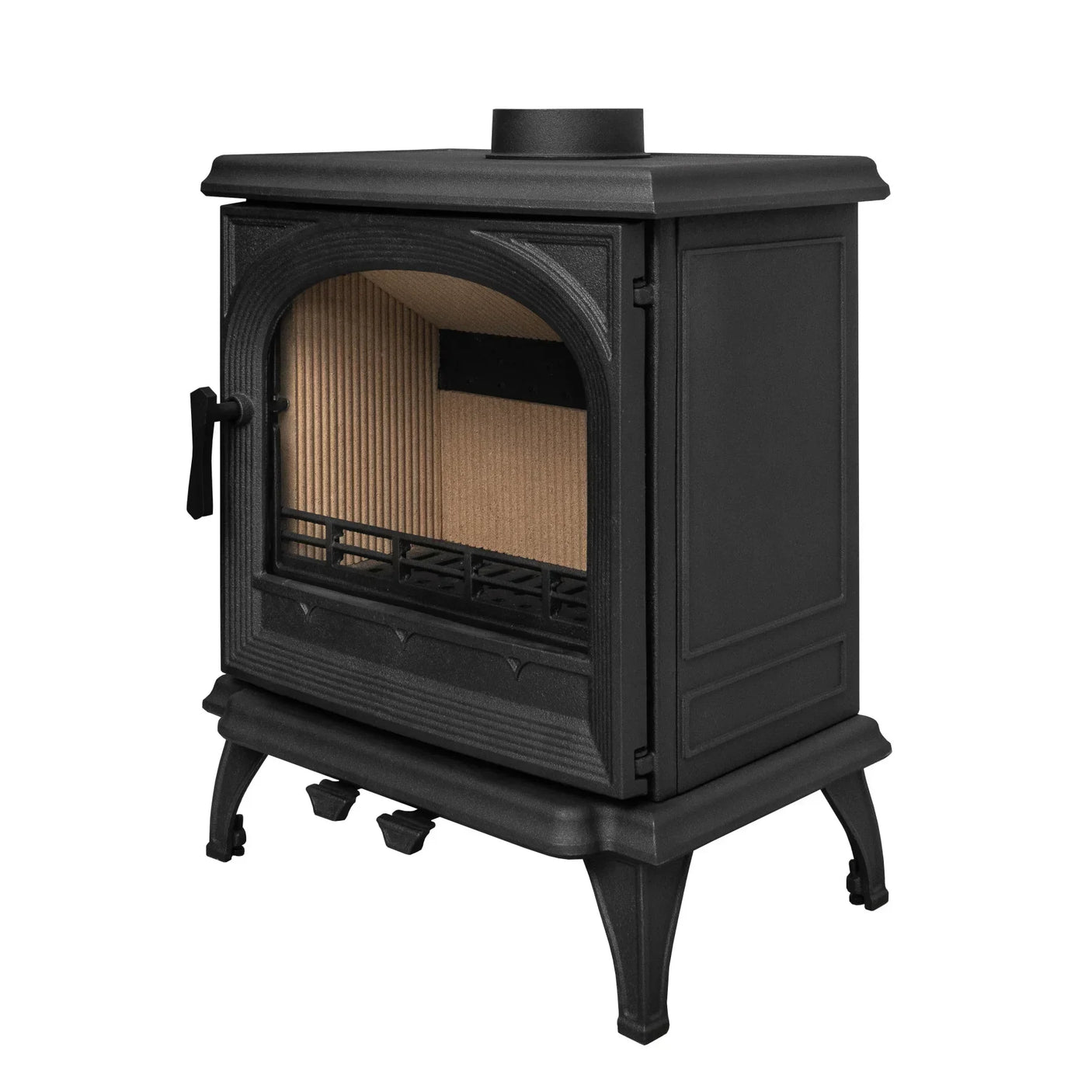 Black cast iron wood burning stove with glass front door, shown at angled side view