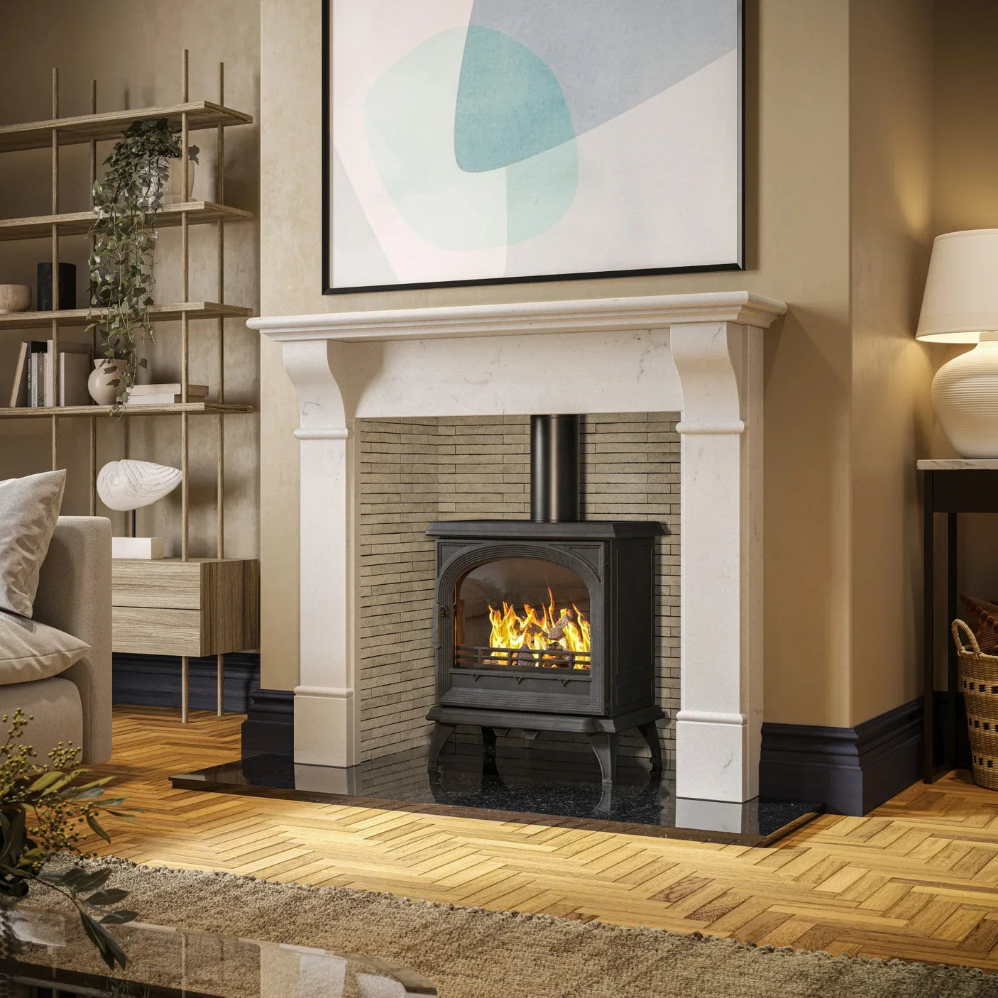 Black wood burning stove with fire in cream marble fireplace, modern living room setting