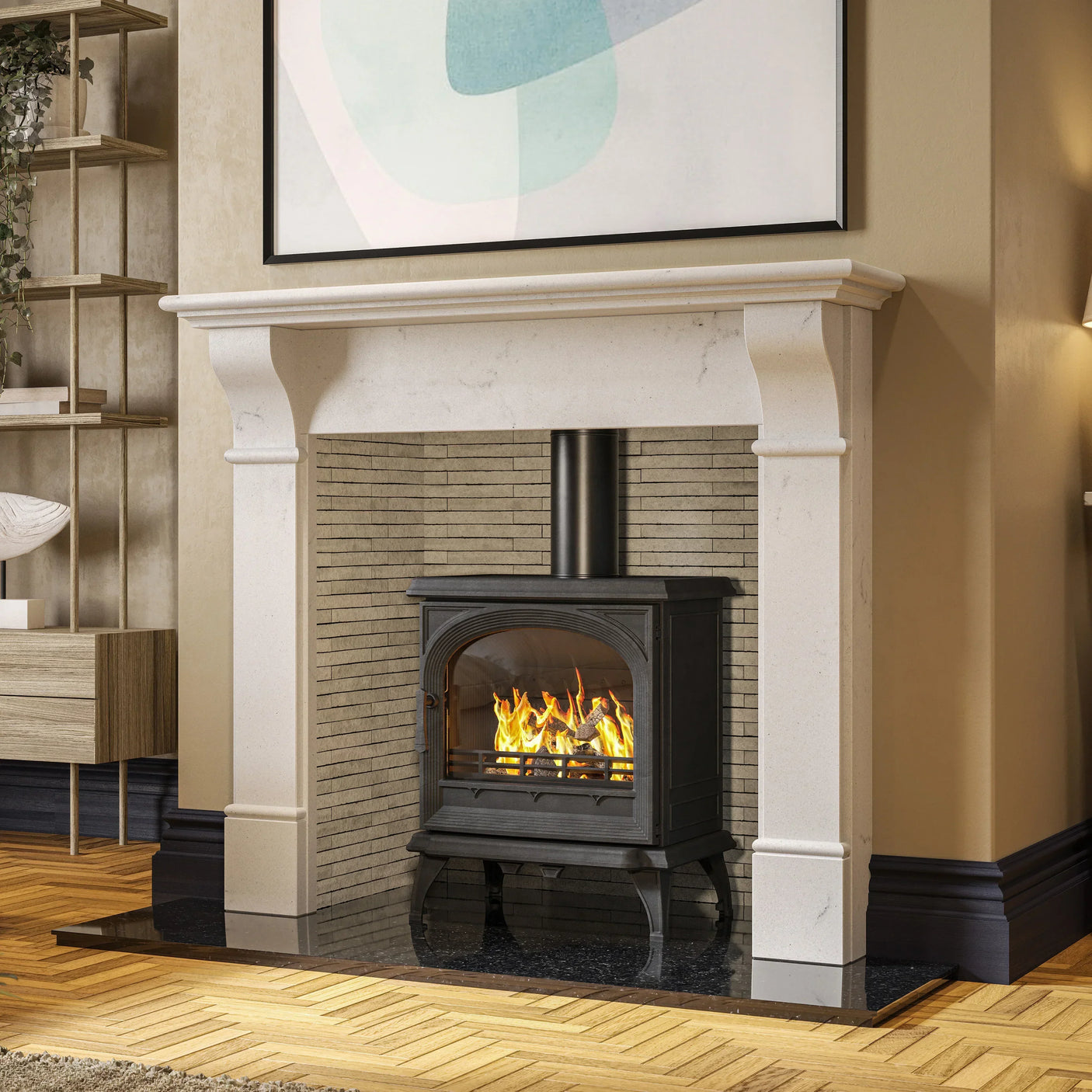 Black wood burning stove with fire inside set in cream stone fireplace surround