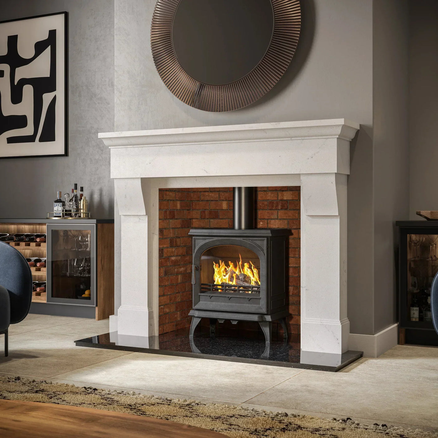 Modern living room with stone fireplace, wood burning stove and brick surround
