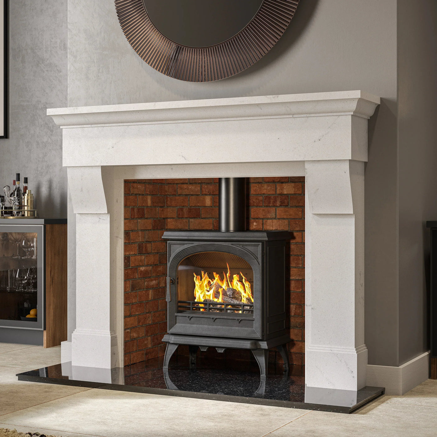 White marble fireplace surround with brick inset and black wood-burning stove