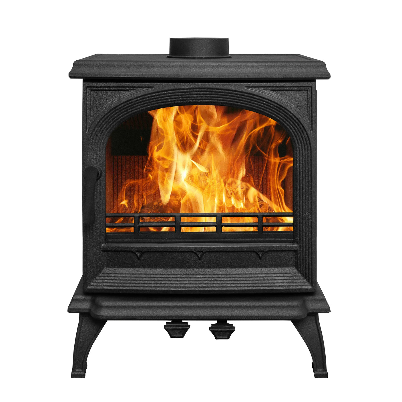 Black cast iron wood burning stove with glass door and flames inside
