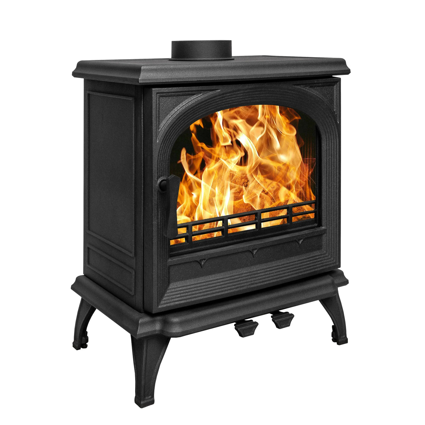 black cast iron wood burning stove with visible fire and arched glass front, angled view