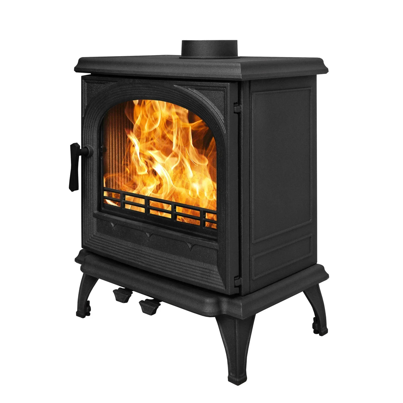 Black cast iron wood burning stove with glass door and visible fire, angled side view