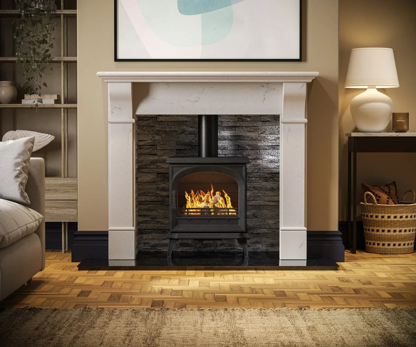 Black stove fireplace with marble mantel and stone surround in modern living room setting