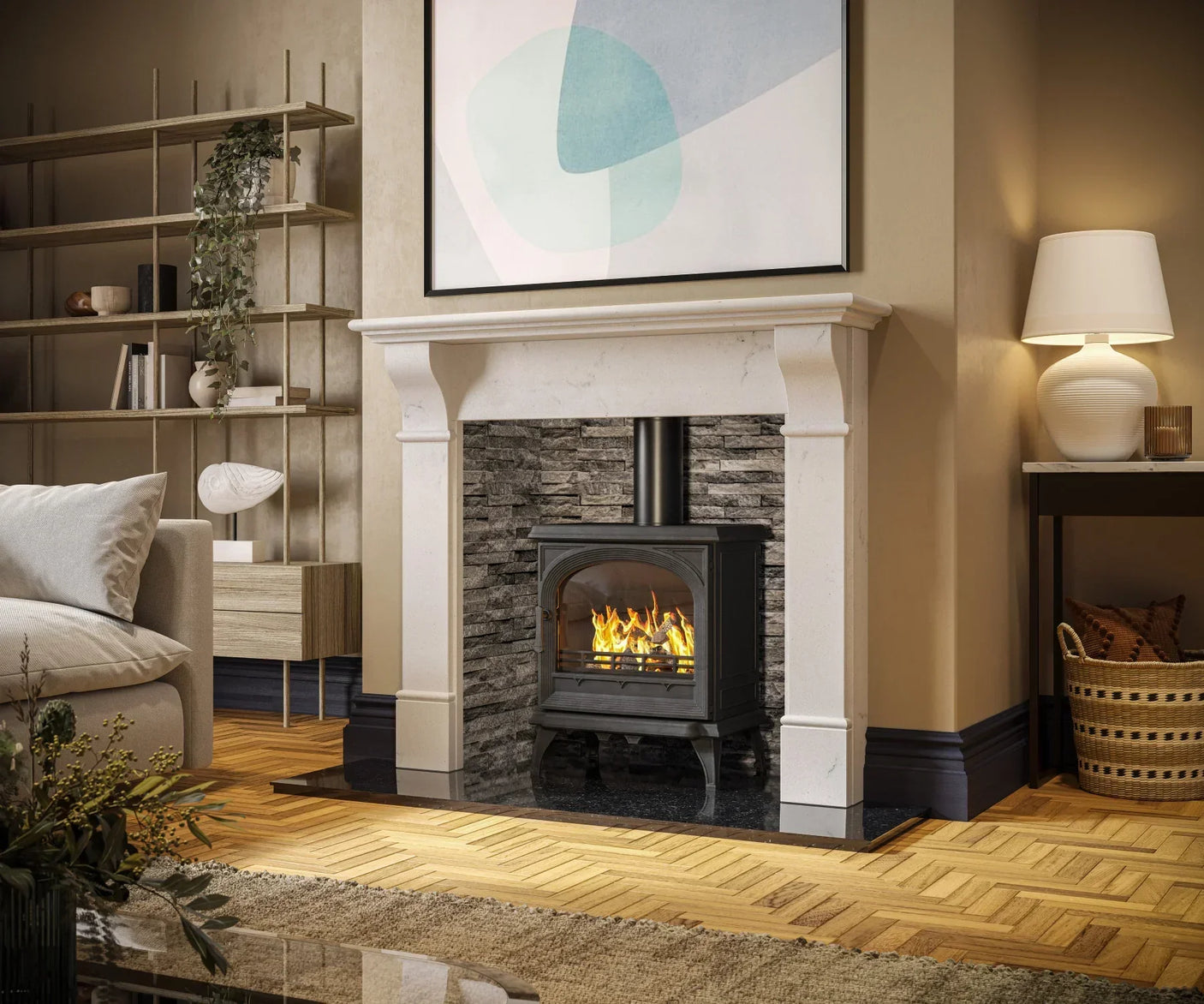 Dark wood-burning stove with stone fireplace surround in modern living room