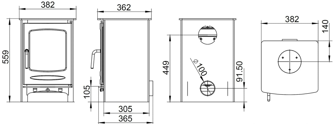Eco wood burning stove technical drawing with dimensions and side, front, rear, top views