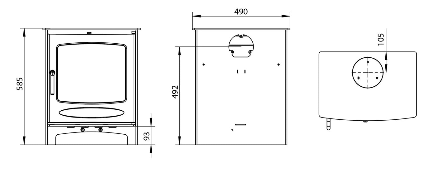 Sherwood stove technical drawing with front, side, and top dimensions labeled