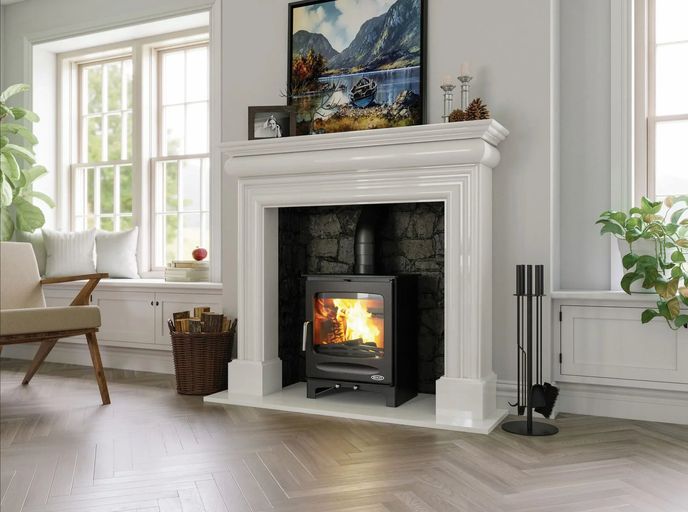 Modern wood burning stove in white fireplace with log basket in bright living room
