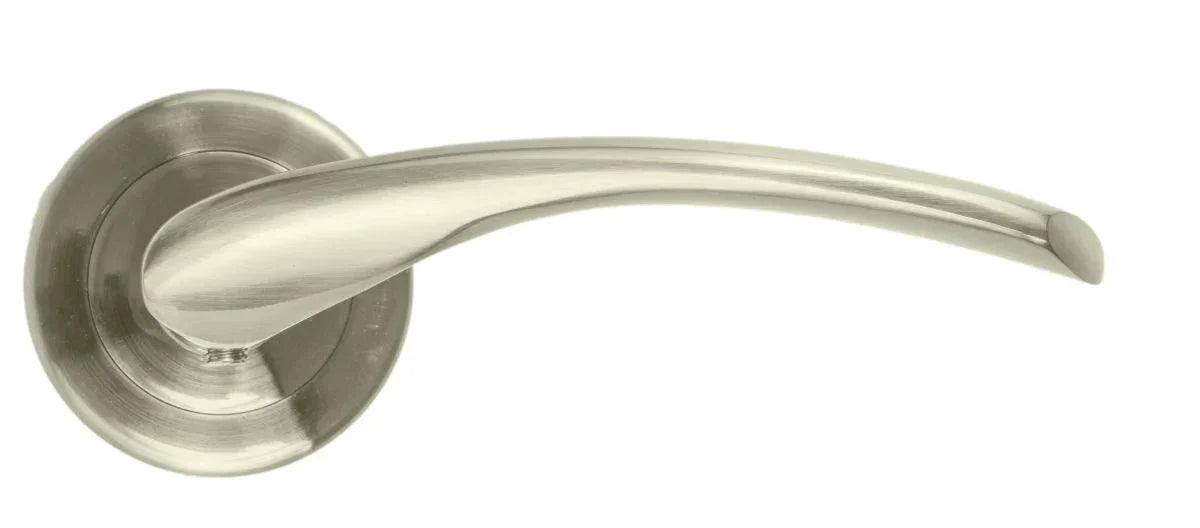 Brushed nickel door handle with round rose, modern lever design