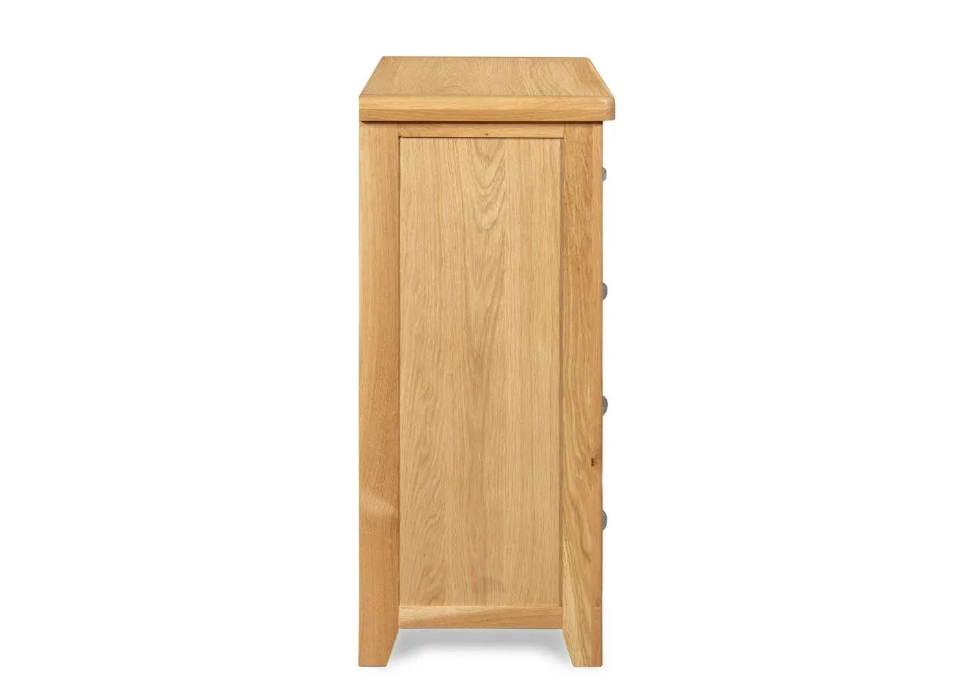 Side view of oak chest of drawers showing smooth wood grain and clean lines