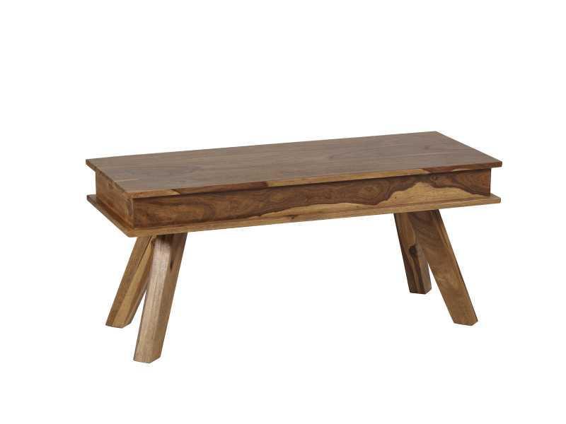 Solid wood bench with angled legs and natural grain finish on white background