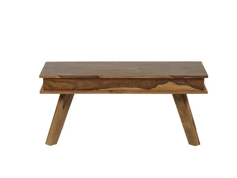 Rectangular wooden bench with angled legs and natural wood grain finish