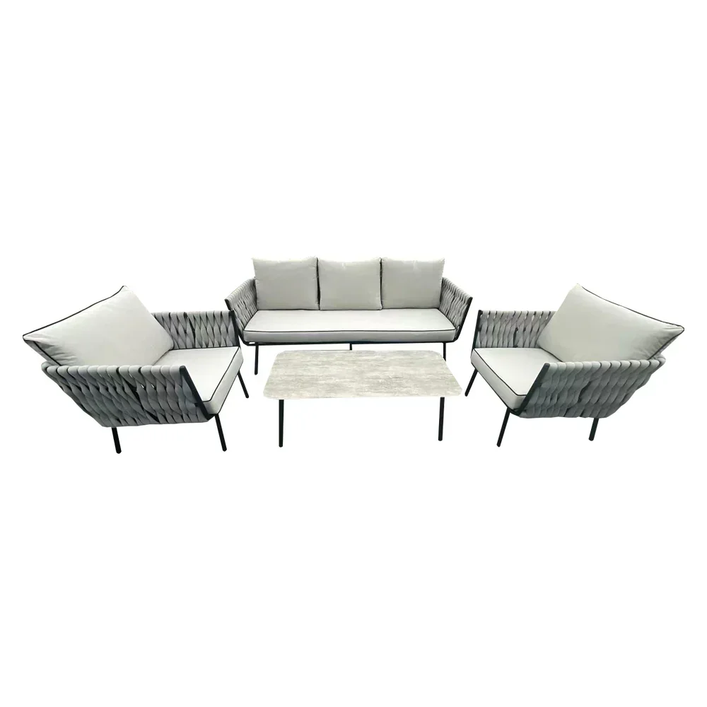 Grey rattan sofa set with cushioned seats, matching armchairs and rectangular coffee table