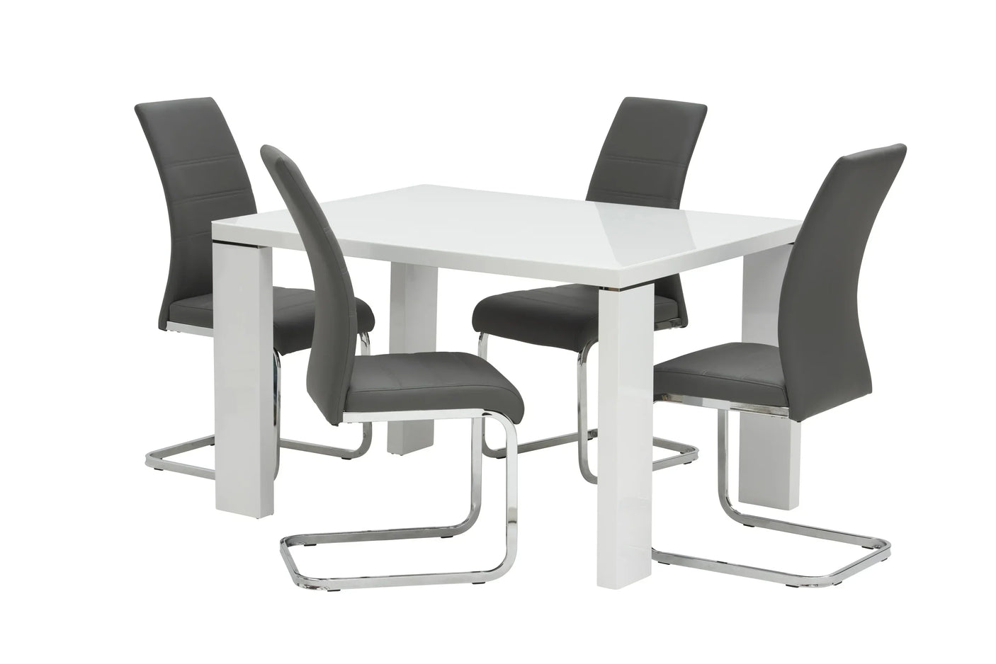 White square dining table with four grey faux leather chairs and chrome legs