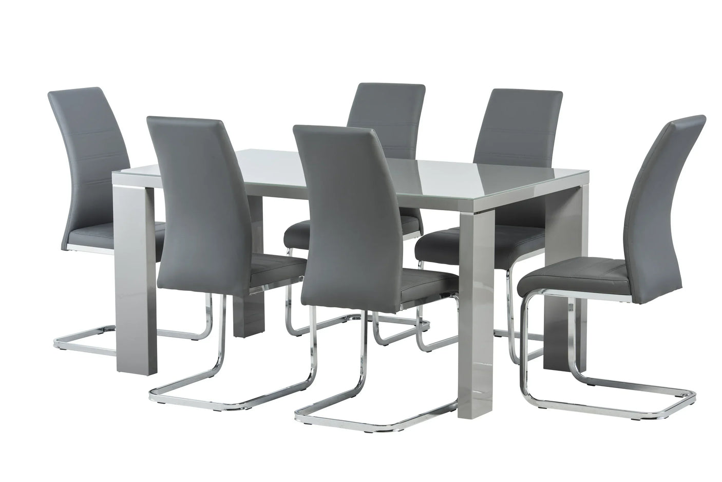 Grey dining table set with six faux leather chairs and chrome legs on white background