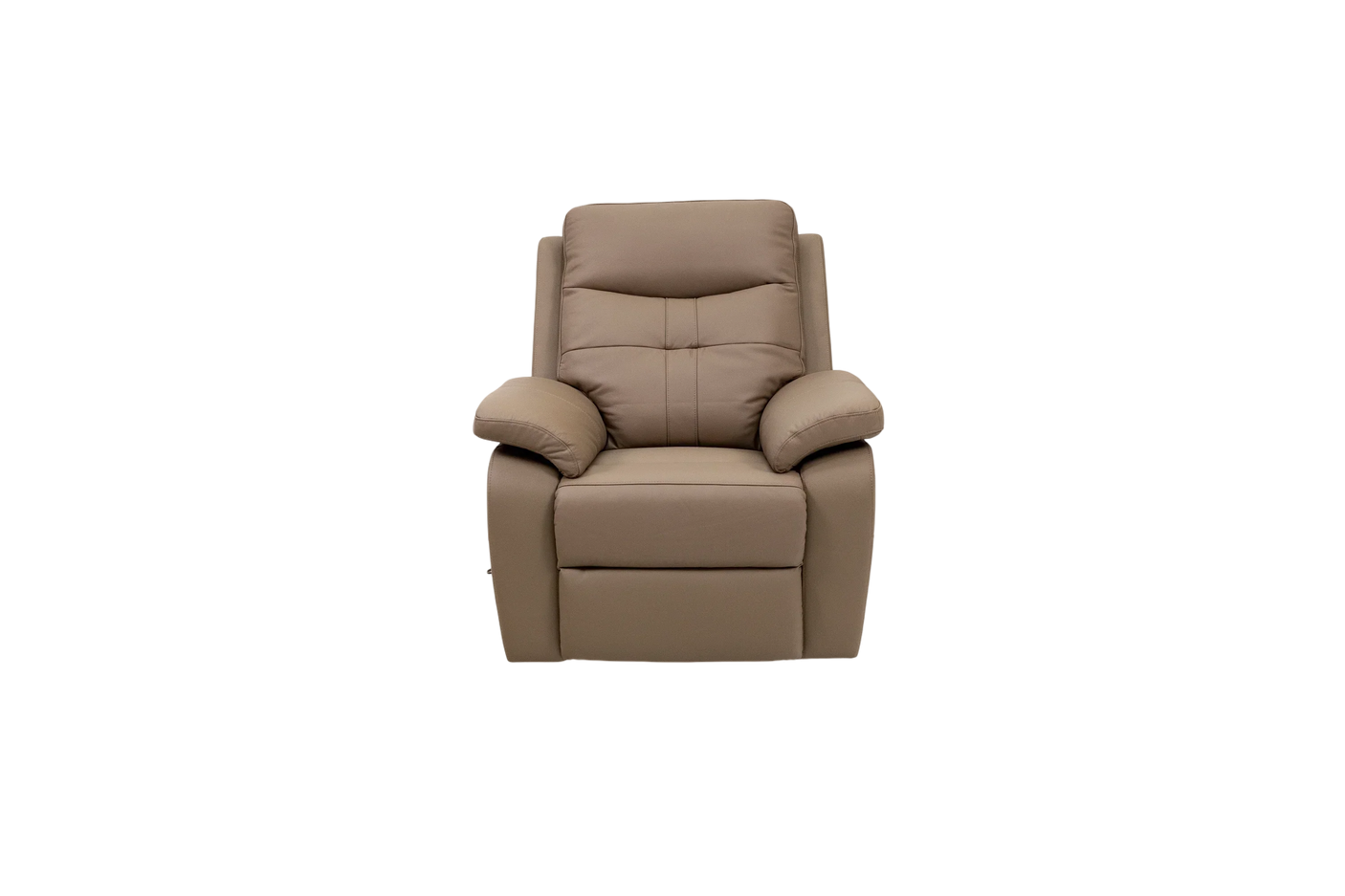 Brown leather recliner armchair with padded armrests and backrest, front view