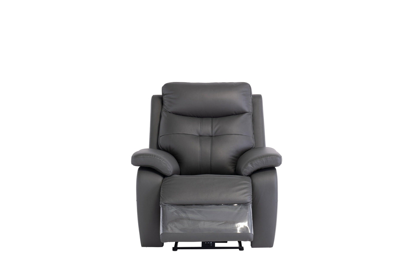 Charcoal leather recliner armchair with padded seat and raised footrest, front view