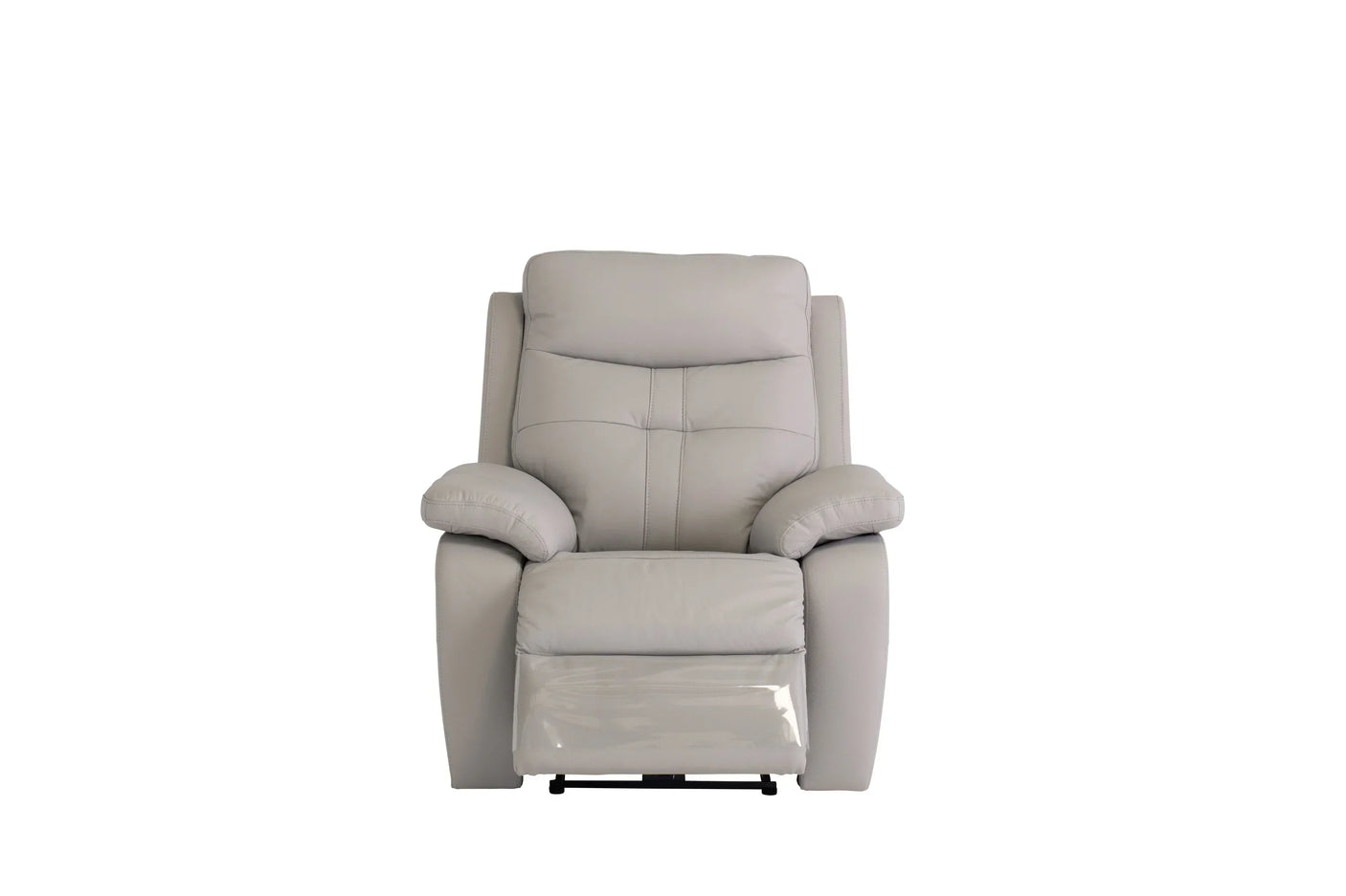 Light grey recliner chair with padded arms and raised footrest, front view