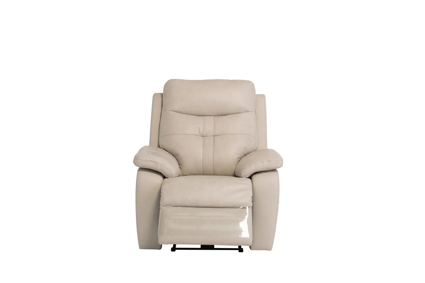 Light stone recliner chair with padded arms and footrest front view