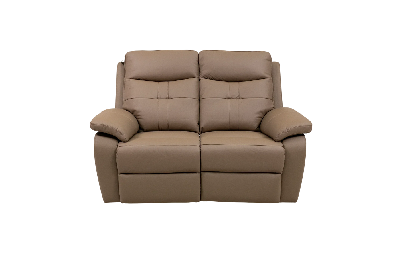 Brown leather two seater recliner sofa with padded armrests and stitched backrest