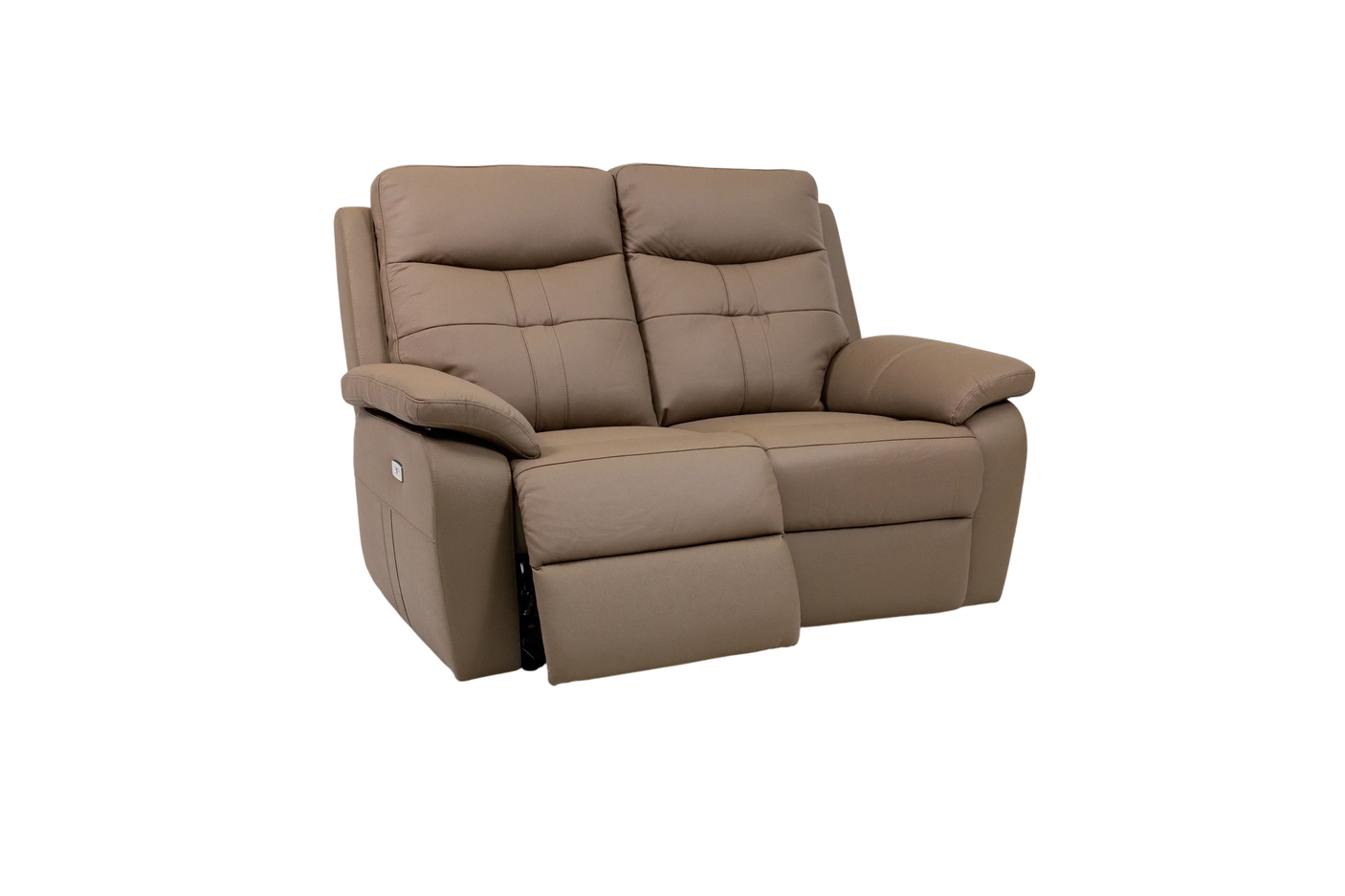 Brown leather two seater recliner sofa with padded armrests and stitched details
