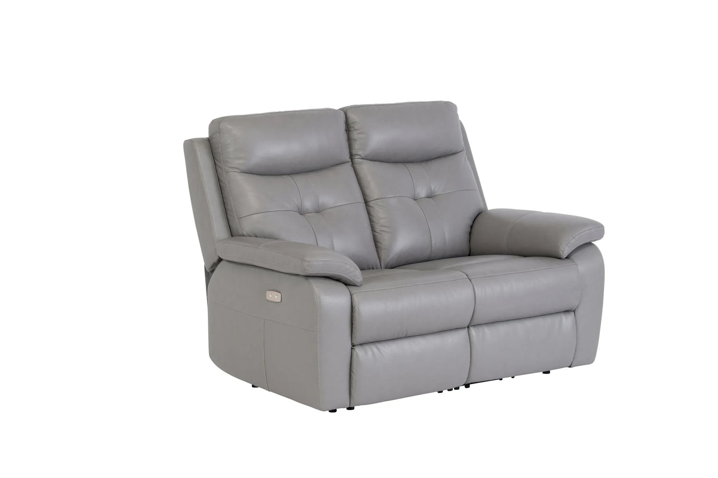 Grey leather recliner sofa with padded seats and armrests on white background