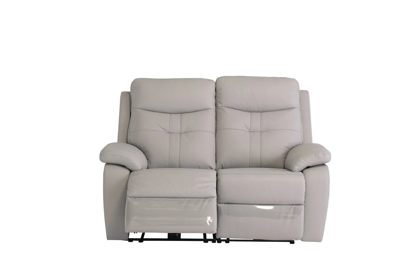 Light grey leather recliner sofa with padded armrests and footrest extended, front view