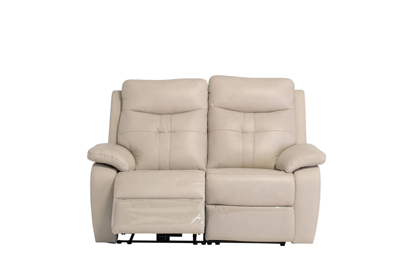 Light stone leather recliner sofa with padded seats and armrests, front view