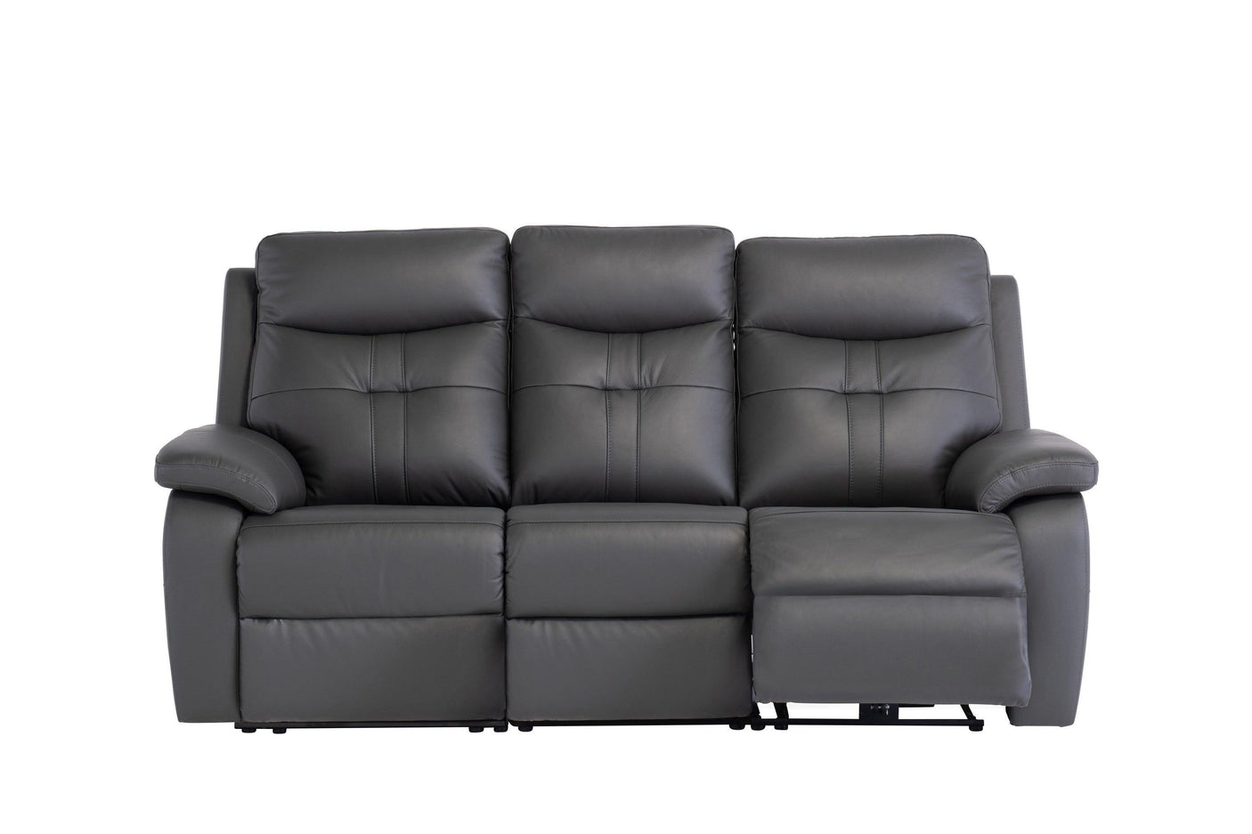 Charcoal leather reclining sofa three seater with padded arms and extended footrest