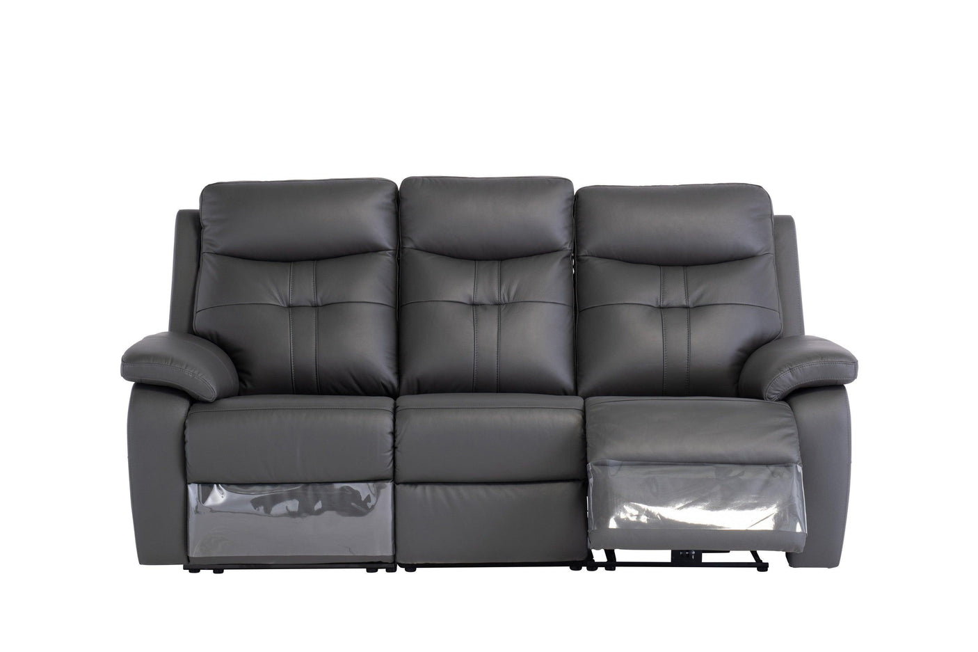 Charcoal grey leather recliner sofa with padded armrests and one extended footrest front view
