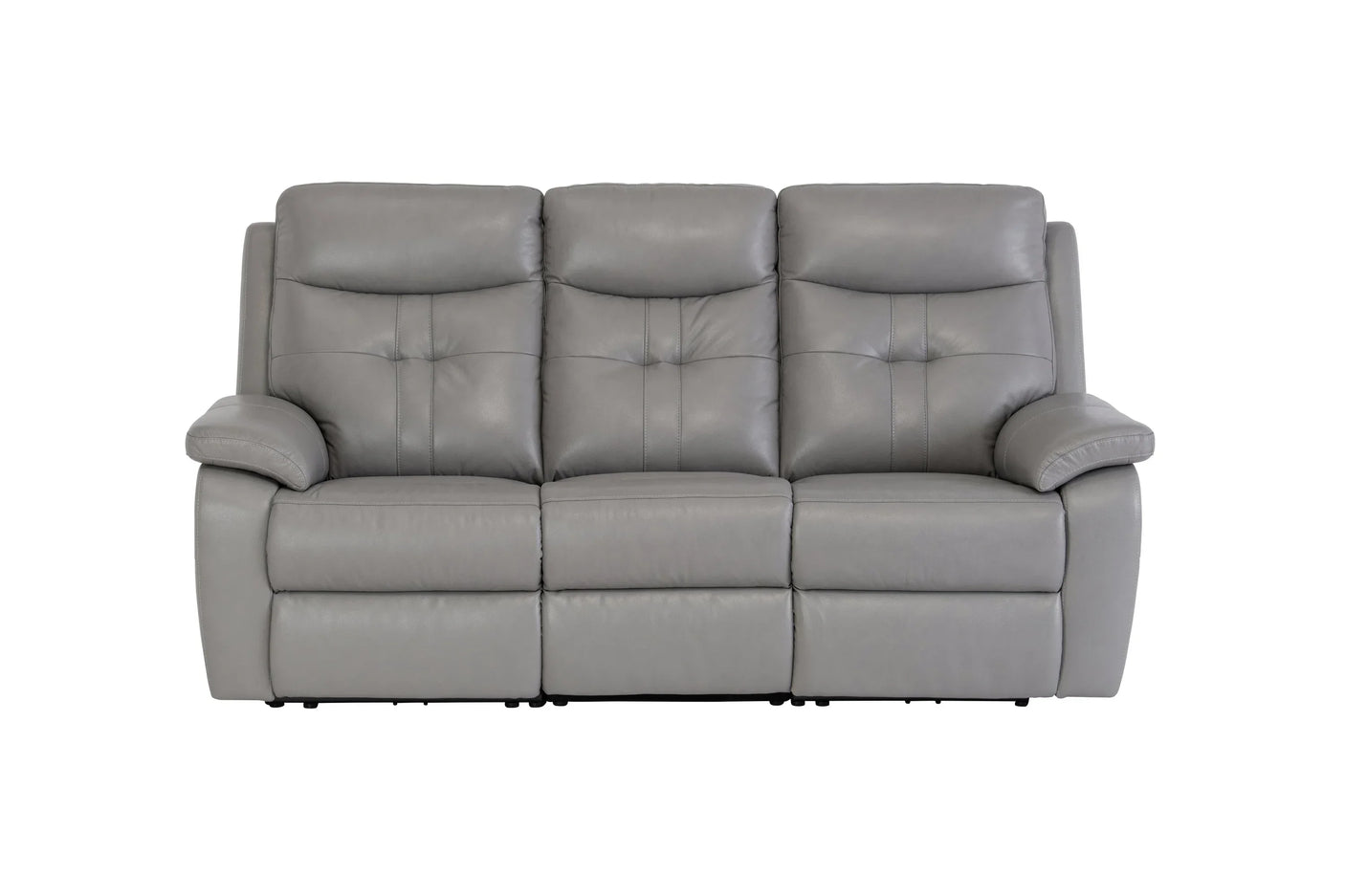 Grey leather three seater sofa with padded armrests and tufted back cushions, front view
