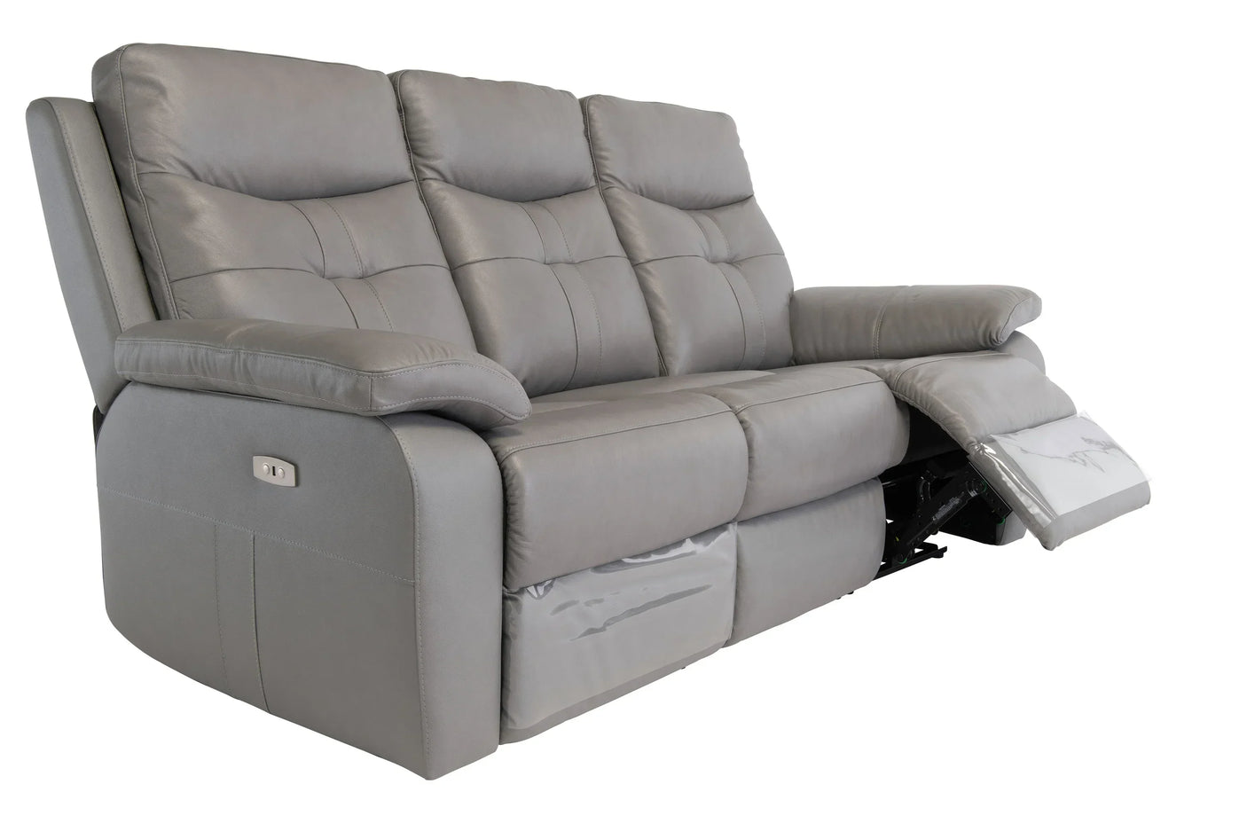 Grey leather recliner sofa with adjustable footrest and cushioned seats