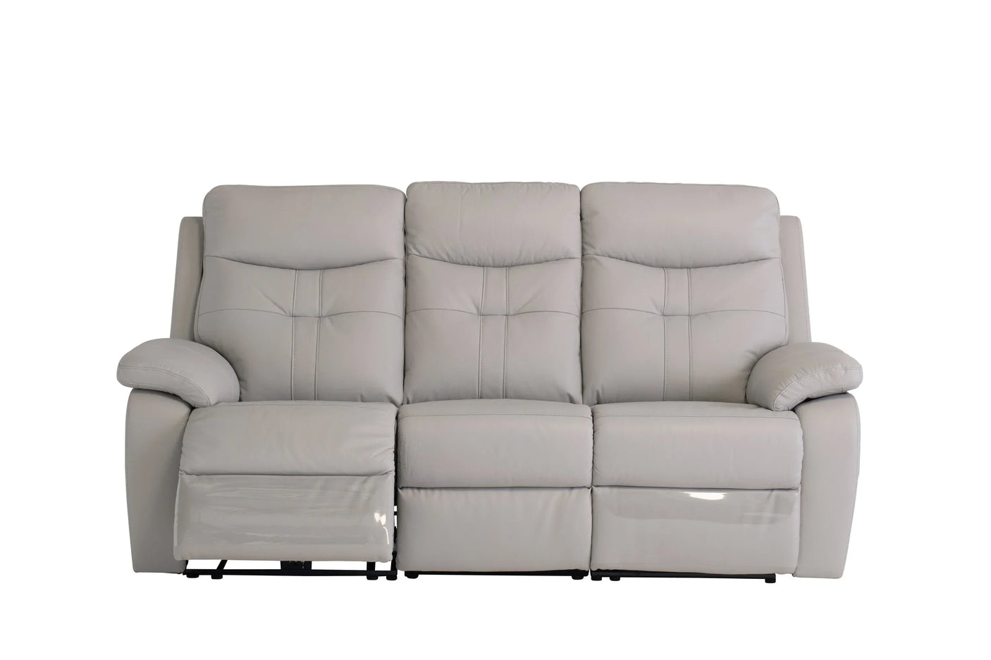 Light grey leather recliner sofa with three seats, shown with left seat extended