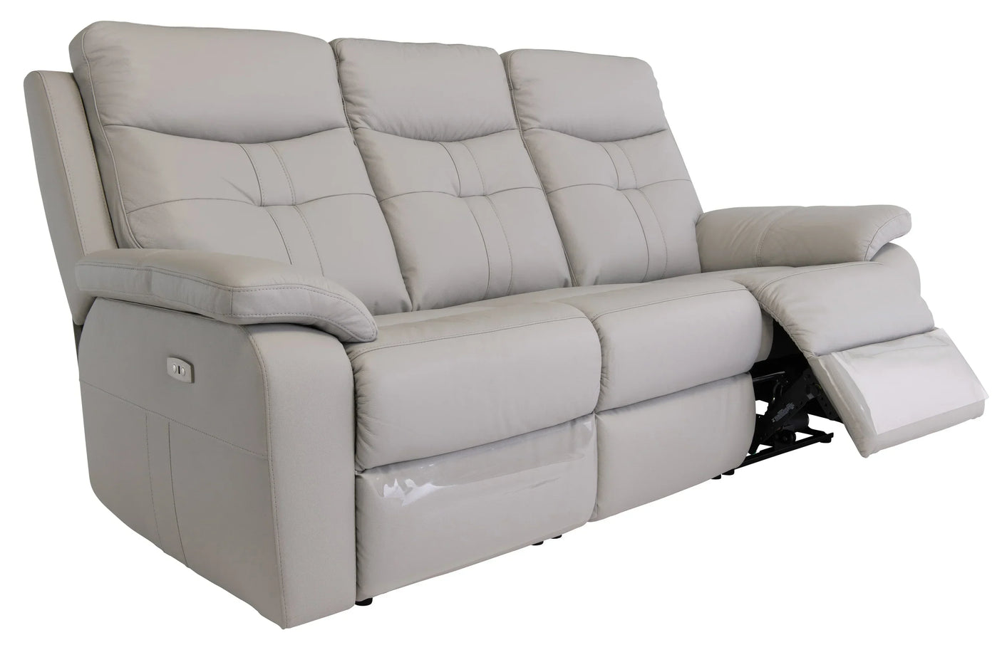 Light grey reclining leather sofa with three seats and extended footrest, angled front view