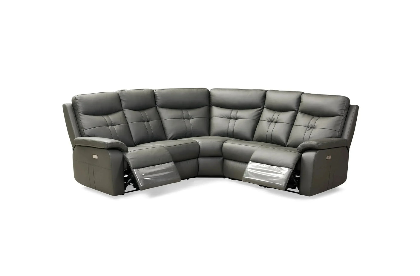 Charcoal grey corner recliner sofa with padded seats and extended footrests