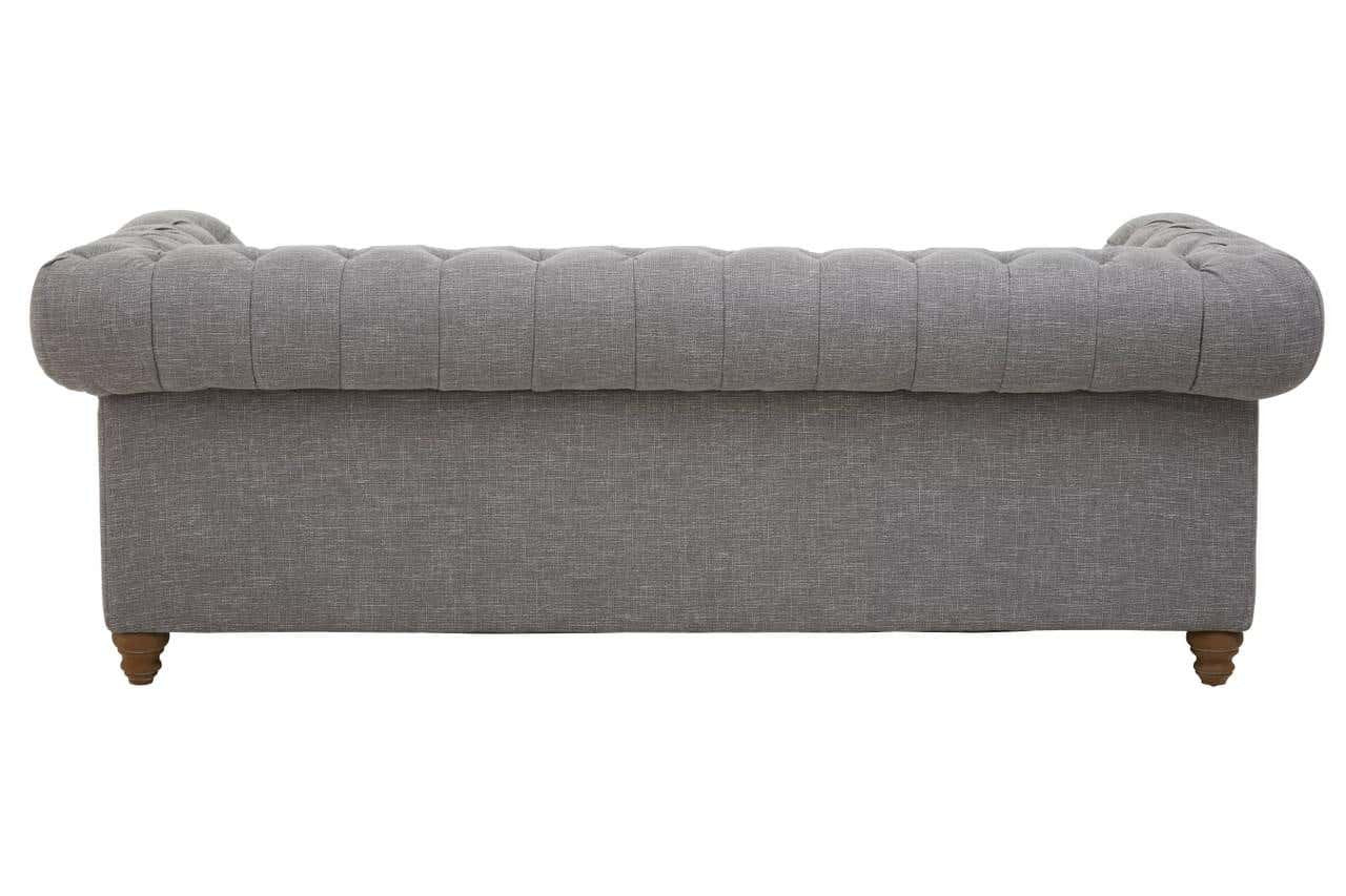 Three-seat sofa upholstered in grey linen with rounded armrests and wooden legs, showcasing a clean and modern design suitable for various living spaces